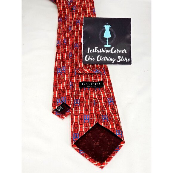 Gucci Men's Red & Blue Print Geometric 100% Silk Tie Made in Italy 247 - Picture 9 of 12